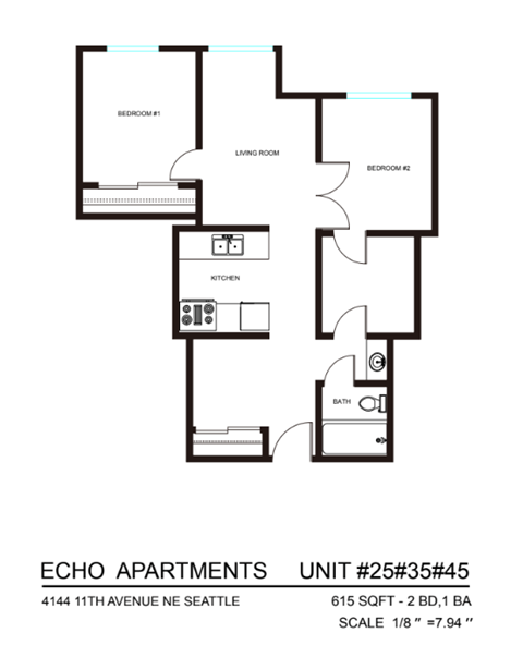 Floor plan for 2 beds, 1 bath, 437 sqft